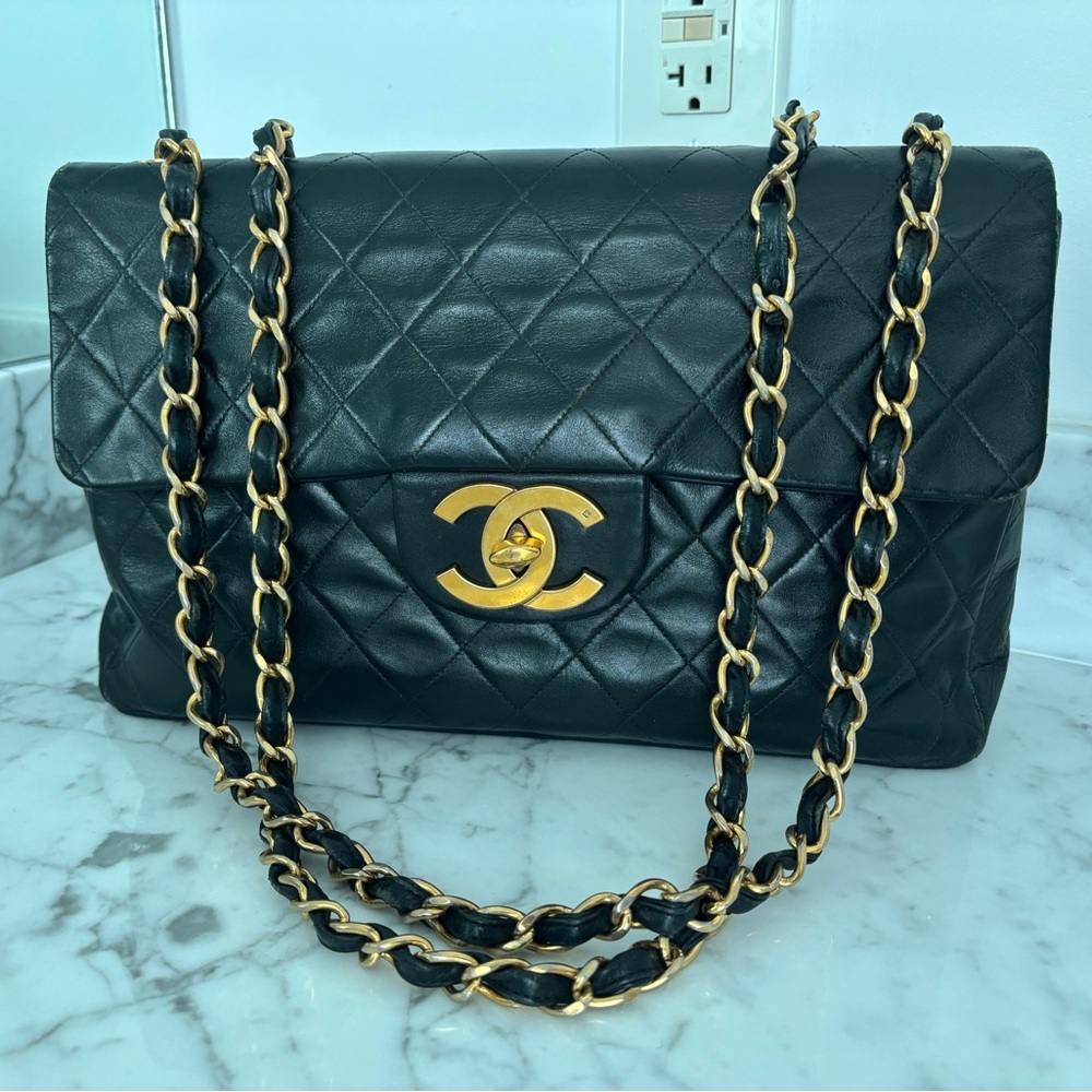 Authentic Chanel Jumbo XL Classic Single Flap Bag Black Lambskin Gold HW Vintage